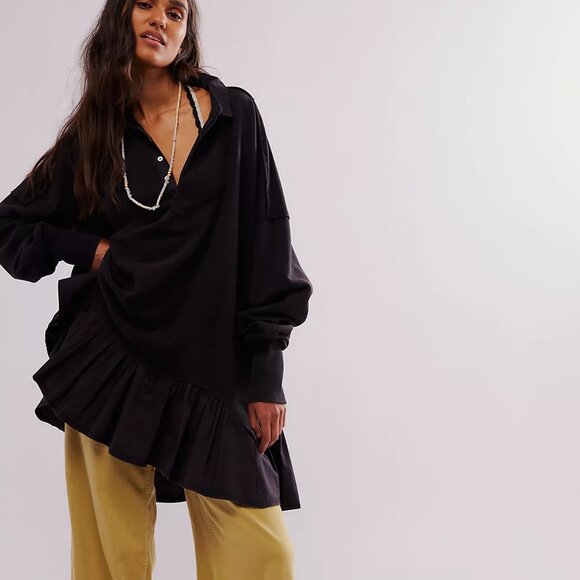 Free People Olivia Sweatshirt Top Collared Oversized Cotton Slouchy S 274371